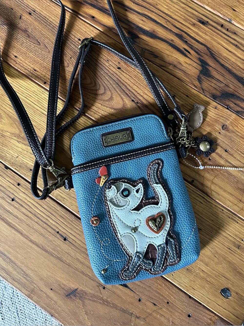 CHALA Boho Crossbody Cell Phone Case Teal Cat Lover Blue Gray Vegan Leather